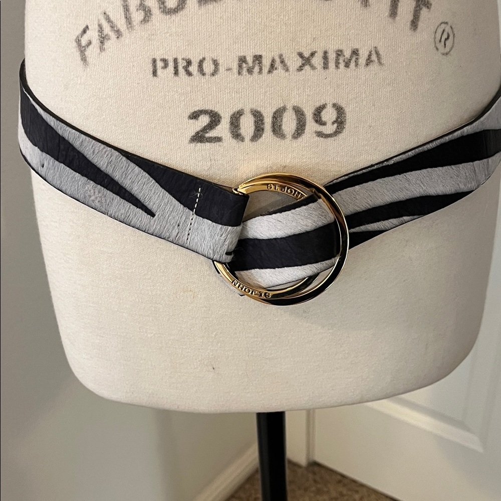 St. John Black and White Zebra Belt with Gold Buckle
